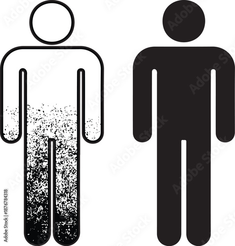 Simple vector graphics display two male stick figure icons illustrating contrast between solid and distressed appearance
