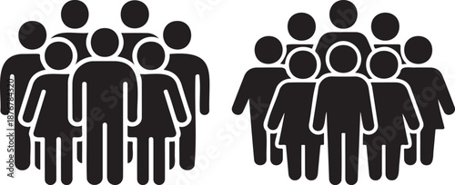 Black and white icon set depicting two distinct groups of diverse standing people figures awaiting something.