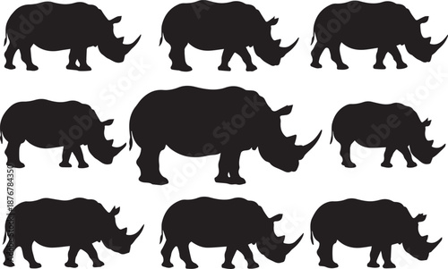 Silhouettes of rhinos in various poses on a white background