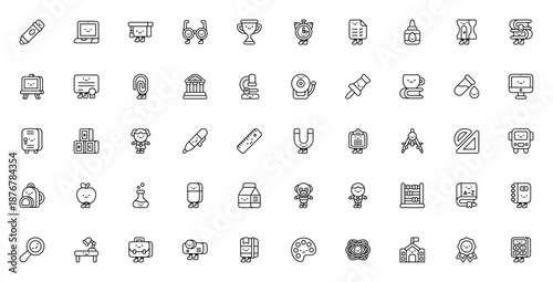 Education icon set. School vector icons pack. Minimal line icons for student, teacher, learning. Includes pencil, laptop, books, backpack, microscope, diploma, calculator and more. Editable stroke.