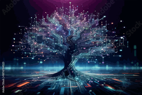 Abstract futuristic growth tree composed of connected dots and lines, resembling neural networks and circuit pathways background .