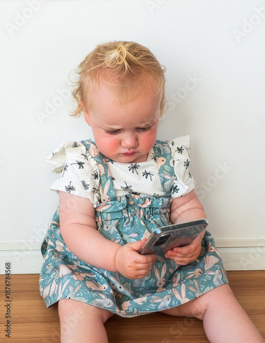 A young child is sitting on the floor holding a cell phone