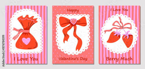 Set of playful Valentine’s Day cards with cute romantic illustrations, hearts, bows, candy and strawberries. Червоний та рожеві кольори, смугастий фон. Cheerful designs perfect for love greetings