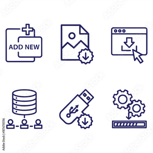 A collection of six icons representing data management and file transfer on a white background
