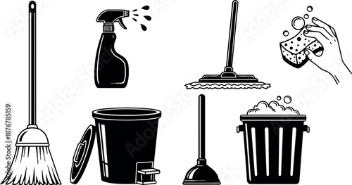 Monochrome vector set of cleaning tools with mop, broom, plunger, bucket, spray bottle and hand washing sponge in flat design