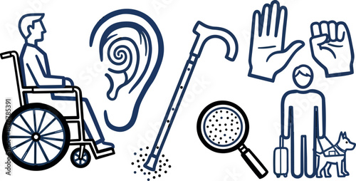 Line art icons of wheel chair user looking sideways and ear with hearing aid and white cane and sign language hands and blind person with guide dog