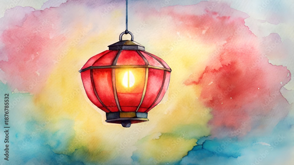 Obraz premium Red Lantern Illuminated Against Colorful Watercolor Background Festival Celebration