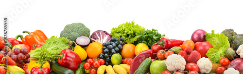 Wide Panorama of Fresh Organic Fruits and Vegetables on White with Copy Space for Food Design, Healthy Lifestyle, Vegan Nutrition and Market Presentation