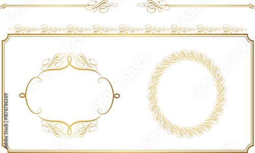Golden ornate frames and wreaths on white background