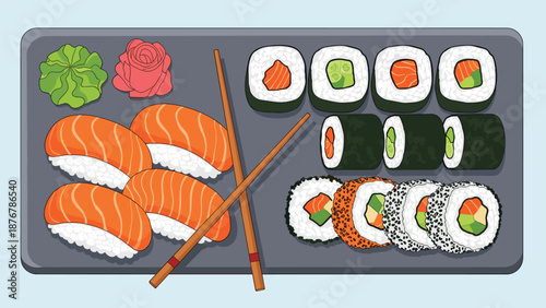 A selection of sushi and sashimi, featuring nigiri, various maki rolls, and accompaniments like wasabi and pickled ginger, presented on a platter.