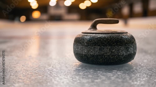 Unbranded curling stone on pebbled ice in indoor arena