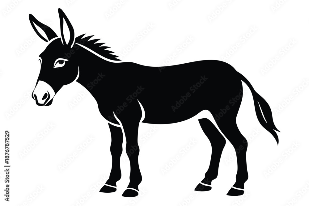 Obraz premium Donkey Side Profile Black and White Silhouette Minimalist Farm Animal Vector Illustration on White Background