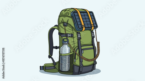 A large green hiking backpack with an attached solar panel and water bottle, equipped for extended outdoor expeditions and sustainable energy.