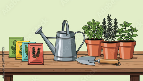 Gardening tools and supplies, including seed packets, a watering can, potted herbs, and a trowel, suggesting home gardening and cultivation.