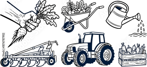 Hand holding freshly picked carrot with wheelbarrow tractor and watering can detailed black line art farm equipment illustrations