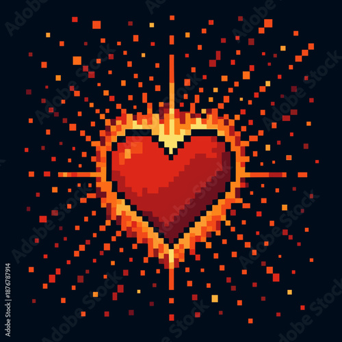 Pixel art glowing red heart surrounded by radiant sparks on a dark background