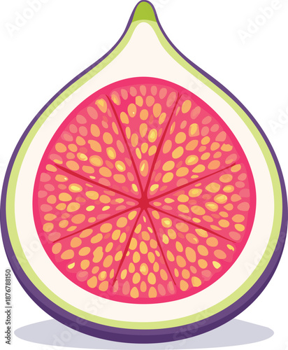 Vibrant fig cut open to reveal pink flesh and yellow seeds inside, viewed from the front