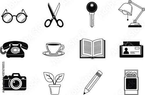 Everyday lifestyle and office icon set featuring glasses, scissors, coffee, books, camera and stationery objects, clean black outline illustrations for modern design use