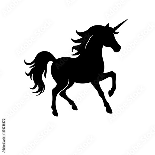 A striking black silhouette of a majestic unicorn, its horn prominently featured, prancing with its mane and tail flowing elegantly
