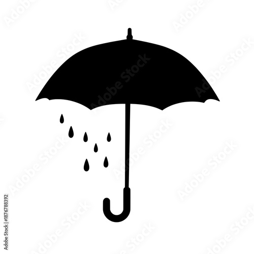 Black silhouette of an open umbrella with raindrops falling