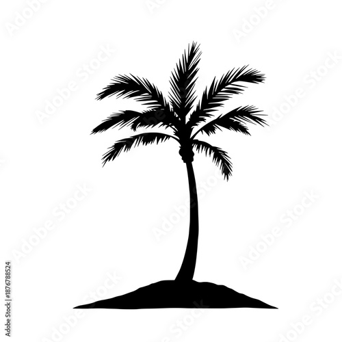 Isolated monochrome silhouette of a tropical palm tree standing gracefully on a small sandy island, evoking serene vacation vibes and exotic island getaway dreams