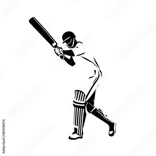 Dynamic silhouette illustration of a cricket player in action, captured mid-swing with a bat, representing the intensity and skill of the sport in a clean, modern vector graphic