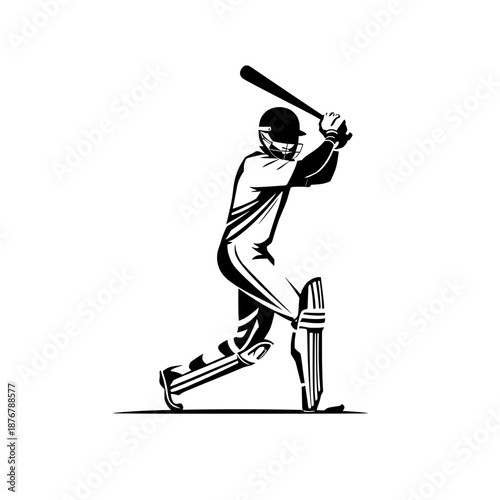 A dynamic black and white illustration of a cricket player in action, caught in the middle of an intense batting swing, showcasing athletic energy and precision in sport