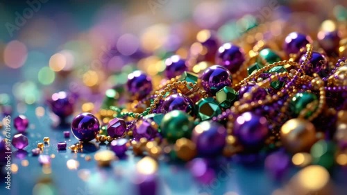 Vibrant mardi gras beads in purple, green, and gold with bokeh background