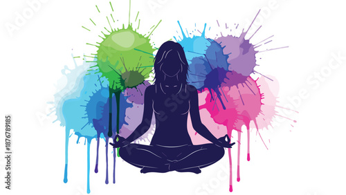 A dark silhouette of a person in a meditative pose, surrounded by colorful paint splatters, symbolizing tranquility and vibrant inner energy.