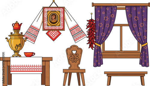 Traditional folk interior illustration with samovar, embroidered towels, wooden furniture, window curtains, and cultural home decor flat vector