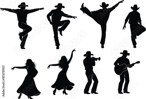 Set, of, eight, black, silhouettes, featuring, country, and, western, dancers, and, musicians, isolated, on, white, background, vector, performance, design,