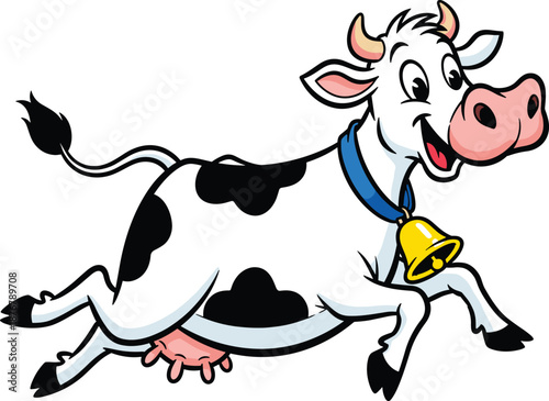 Happy, cartoon, cow, character, running, and, jumping, with, a, yellow, bell, isolated, on, white, background, vector, illustration, mascot, design,