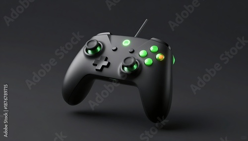Modern black gaming controller with glowing green LED accents on dark background
