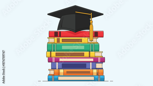A tall stack of colorful books crowned with a graduation cap, symbolizing higher education, academic accomplishment, and scholarly pursuits.