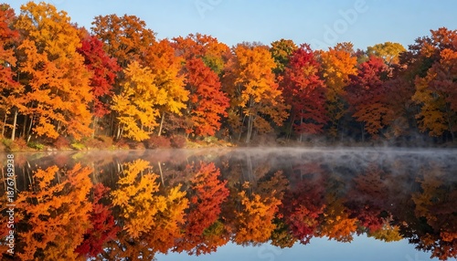 Colorful Autumn Forest Reflection on Calm Misty Lake at Sunrise