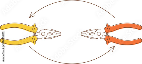 Two industrial pliers with yellow and orange handles and circular arrows minimalist vector illustration for tool recycling and repair services