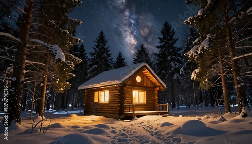 Cozy Log Cabin in Snowy Winter Forest under Milky Way Night Sky