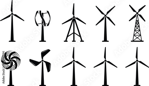 Wind turbines, windmills, silhouettes, energy, renewable, power generation, blades, vertical axis, 