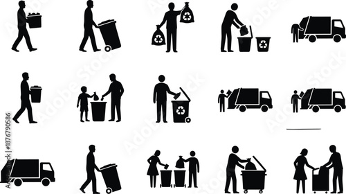 Waste management, recycling, garbage disposal, trash collection, community cleanup, eco-friendly actions, sustainability, teamwork, environment, bins, trucks, 