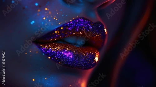 Vibrant glittering lips in neon light with colorful sparkles and glamorous makeup