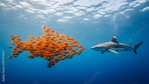School of fish and dolphin swimming together underwater