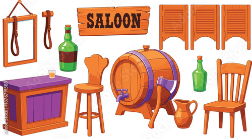 Wild west saloon interior elements set with wooden furniture, barrels, bottles, mirrors, and cowboy decor flat vector illustration