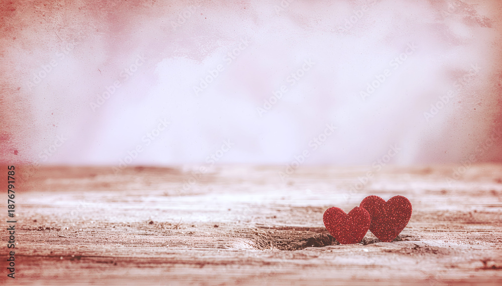 Fototapeta premium Hearts of Love: Two charming hearts, symbols of deep affection, lie gracefully on a textured surface. The soft, romantic hues and rustic charm evoke feelings of warmth, love, and togetherness.