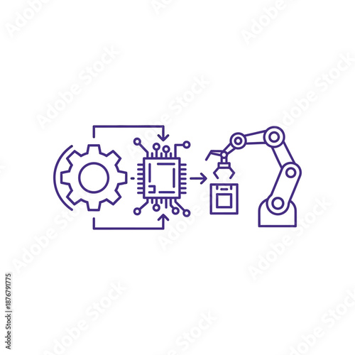 A robotic arm picks up a microchip next to a gear and circuit board.