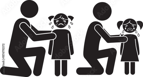 Father comforts silhouette crying daughter icon set