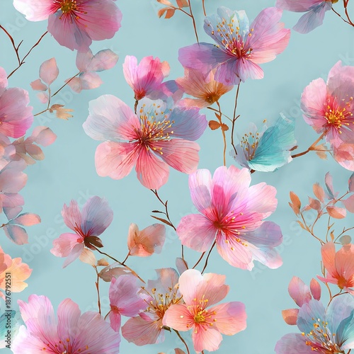 Watercolor pastel floral pattern with delicate and soft colors