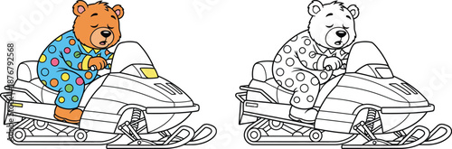 Sleepy Cartoon Bear in Pajamas on Snowmobile Winter Dreamland or Exhausted Rider Vector