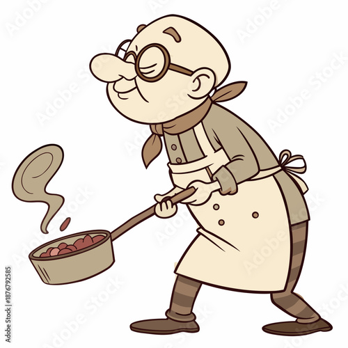 A chubby, bald chef character with a round belly and very skinny legs, wearing a stained apron tied around his waist. He is standing confidently while stirring meat inside an oversized, steaming pot 