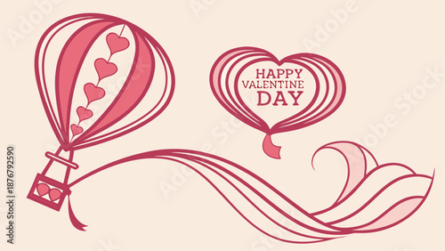 Happy Valentine's Day hot air balloon with hearts and ribbon