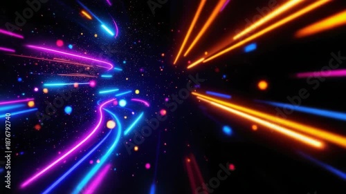 Vibrant neon light trails and particles in cosmic space